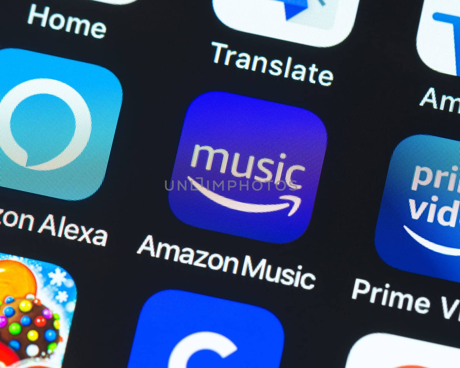 BAYONNE, FRANCE - CIRCA JANUARY 2021: Amazon Music app icon on Apple iPhone screen. Amazon Music is a music streaming platform and online music store operated by Amazon.