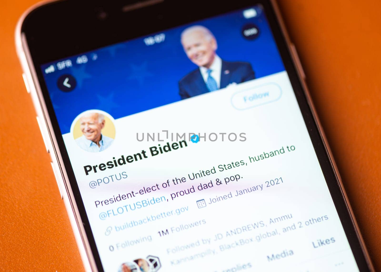 BAYONNE, FRANCE - JANUARY 20, 2021: President Joe Biden official Twitter account on the day he is sworn in as the 46th president of the United States.