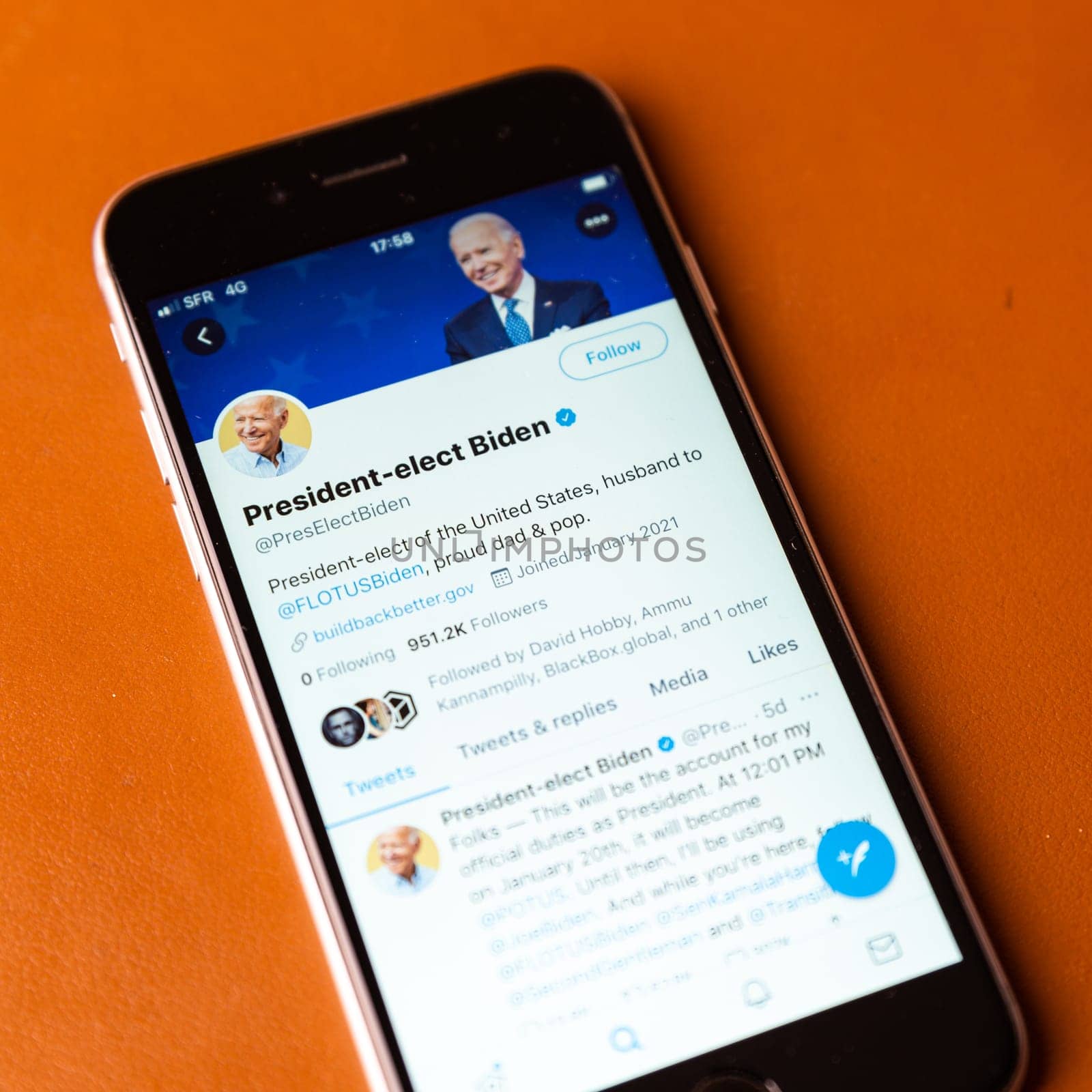 BAYONNE, FRANCE - JANUARY 20, 2021: President-Elect Joe Biden official Twitter account minutes before being sworn in as the 46th president of the United States.