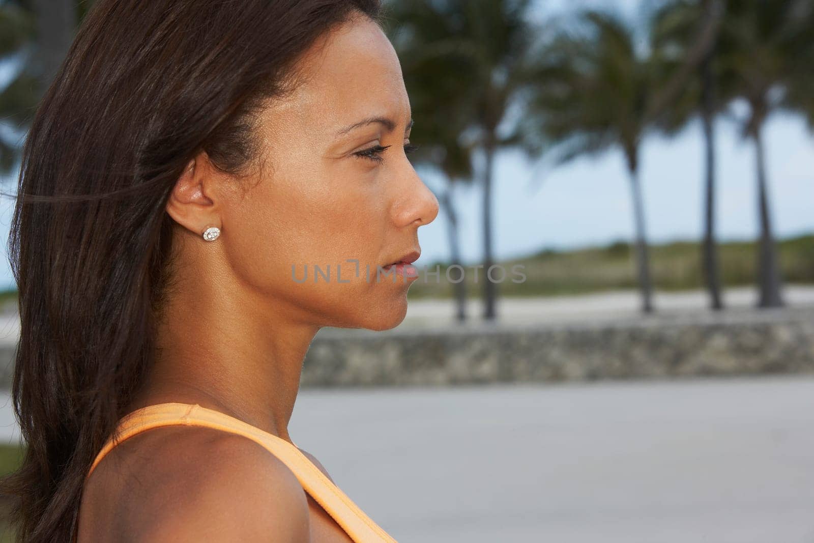Side profile of a mature woman thinking, South Beach, Miami Beach, Florida, USA