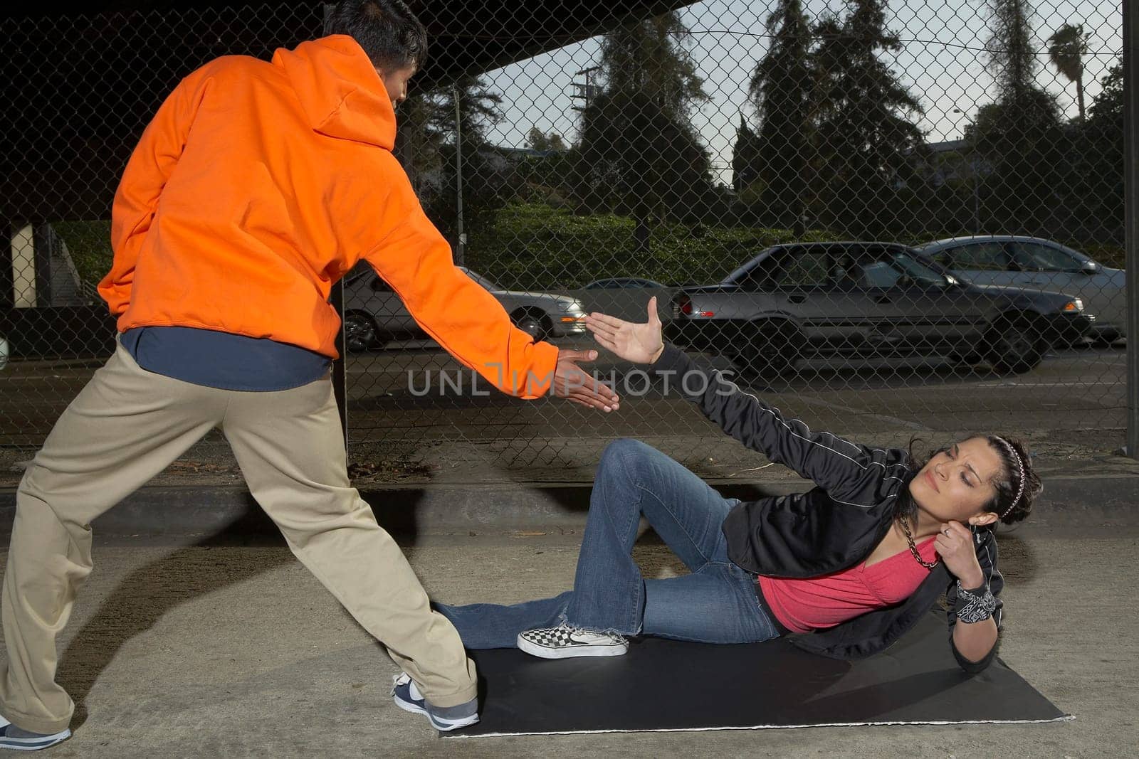 Young couple break dancing