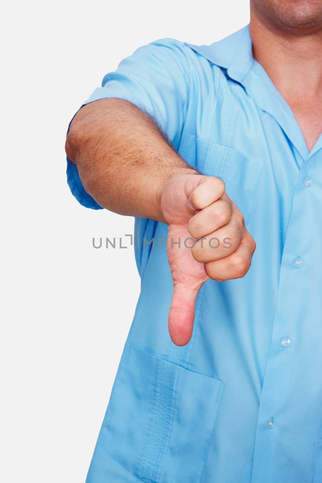 Mid section view of a male nurse showing a thumbs down sign