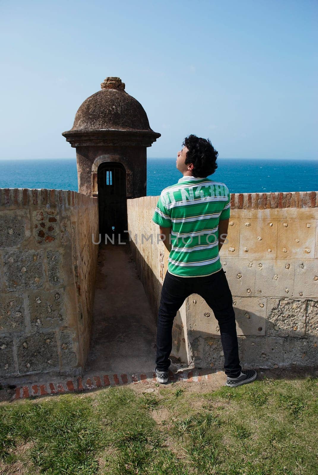 Rear view of a young man urinating