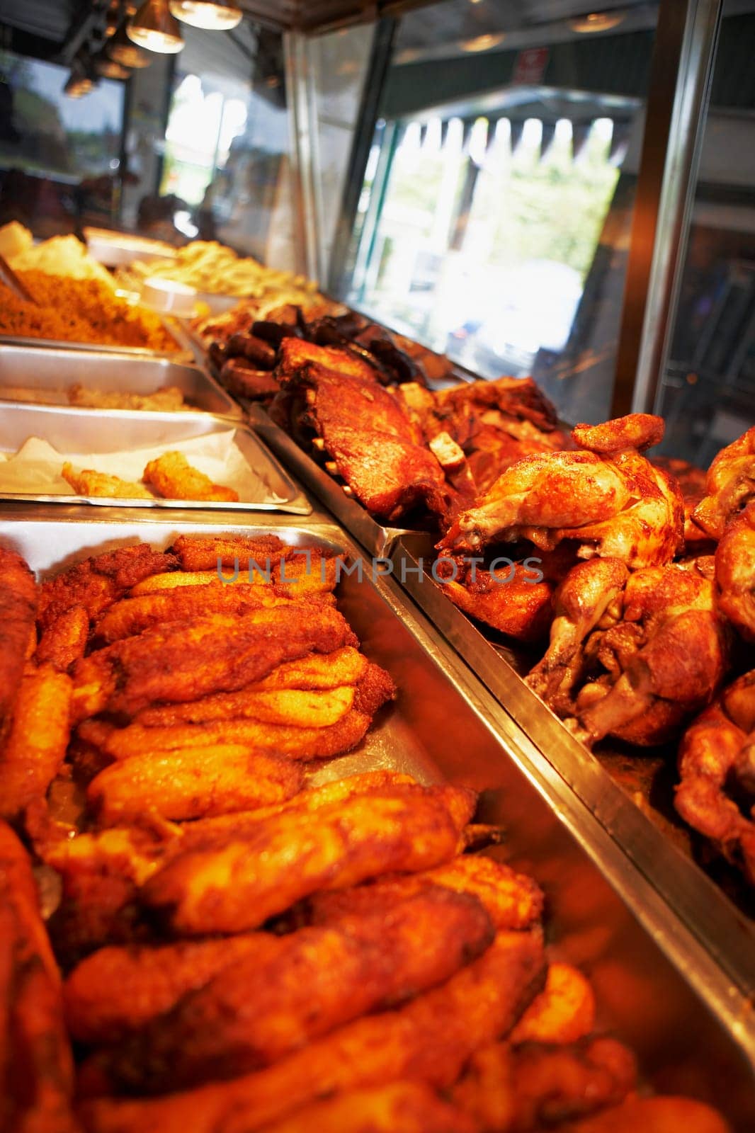 Close-up of barbecue chickens in a restaurant
