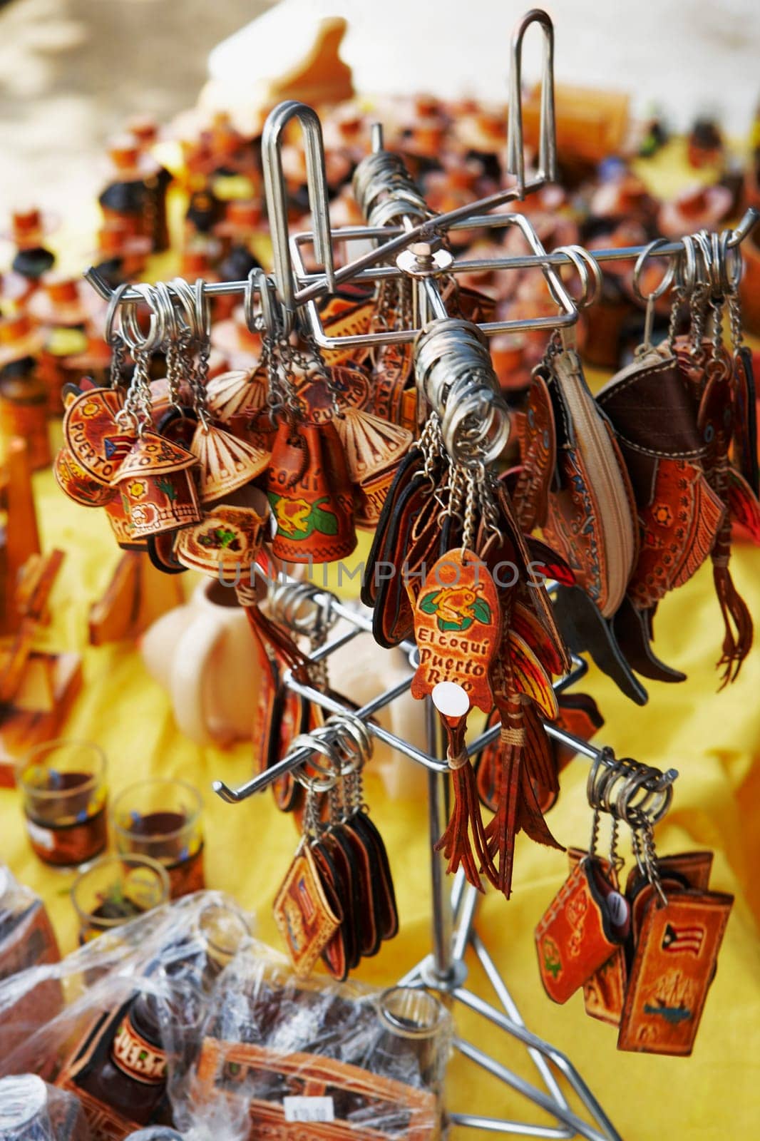 Close-up of key rings at a market stall, Puerto Rico