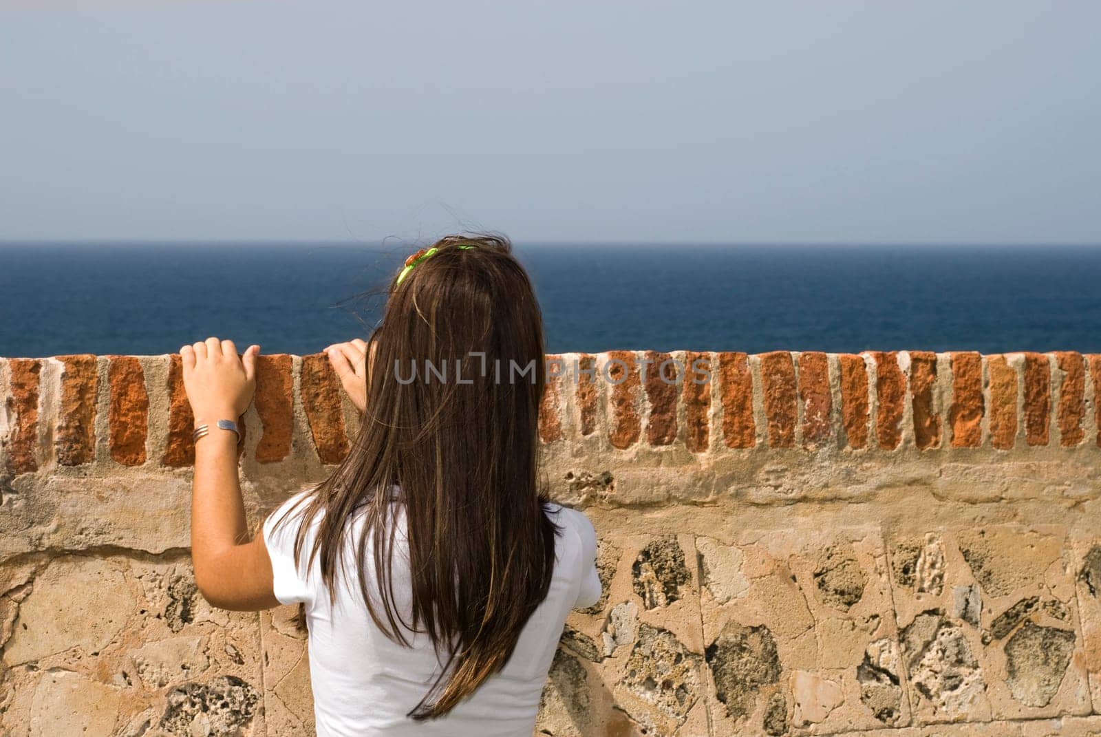 Rear view of a young woman looking over a castle wall, Morro Castle, Old San Juan, San Juan, Puerto Rico