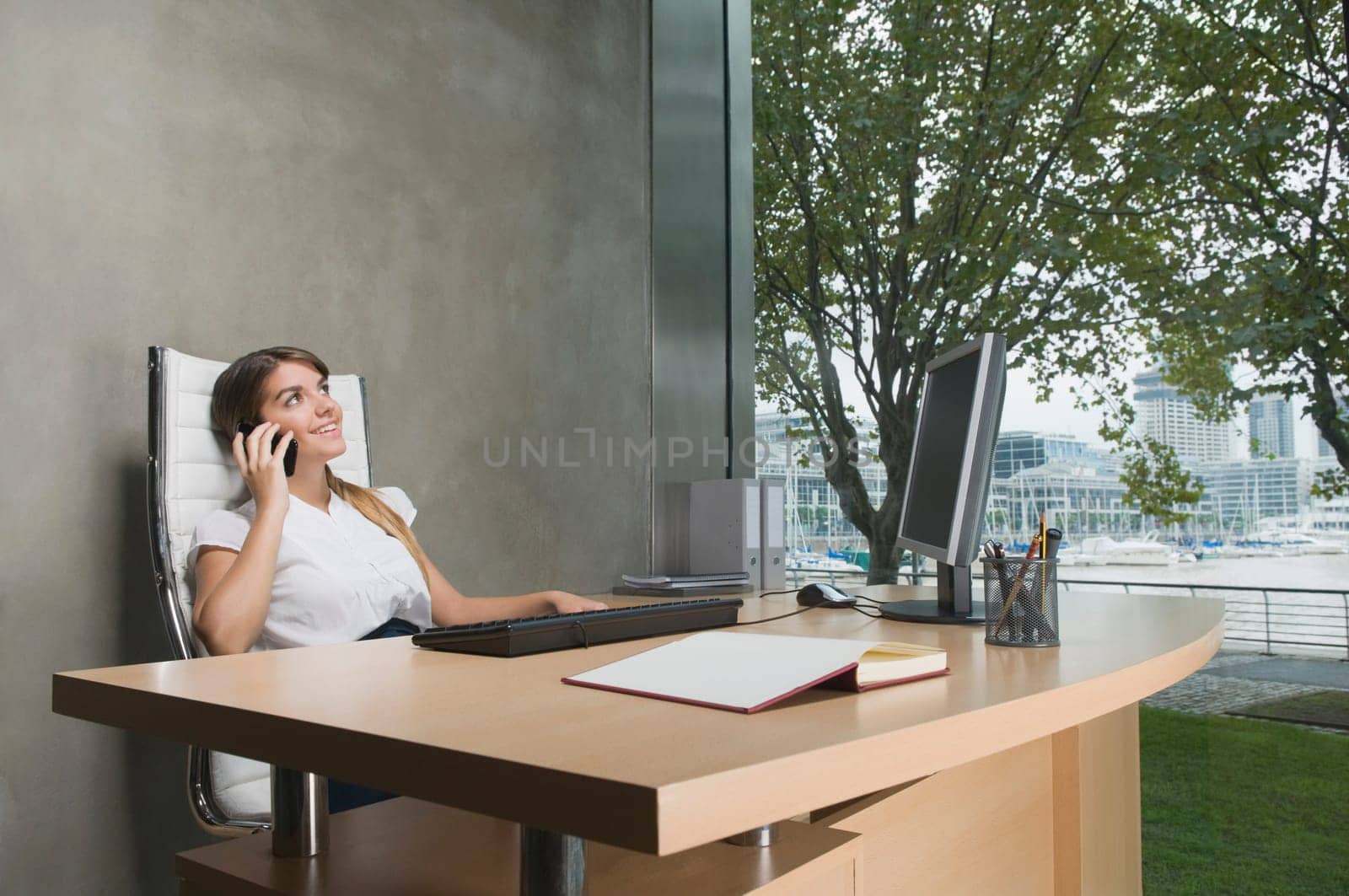 Businesswoman talking on a mobile phone in an office