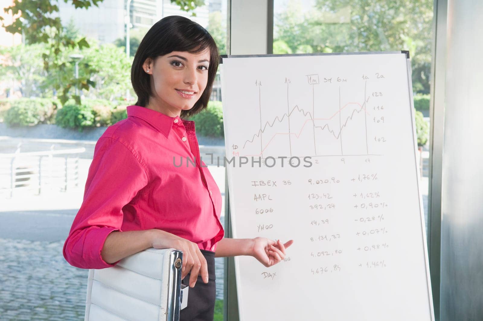 Portrait of a businesswoman pointing at a whiteboard