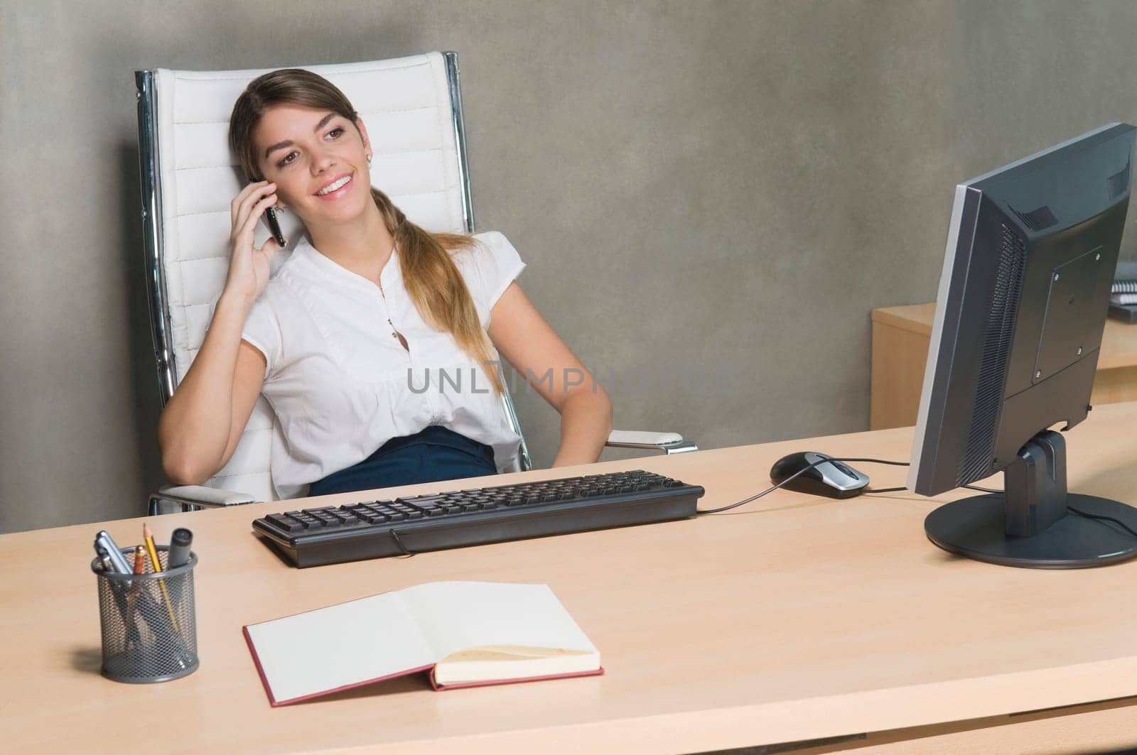 Businesswoman talking on a mobile phone in an office