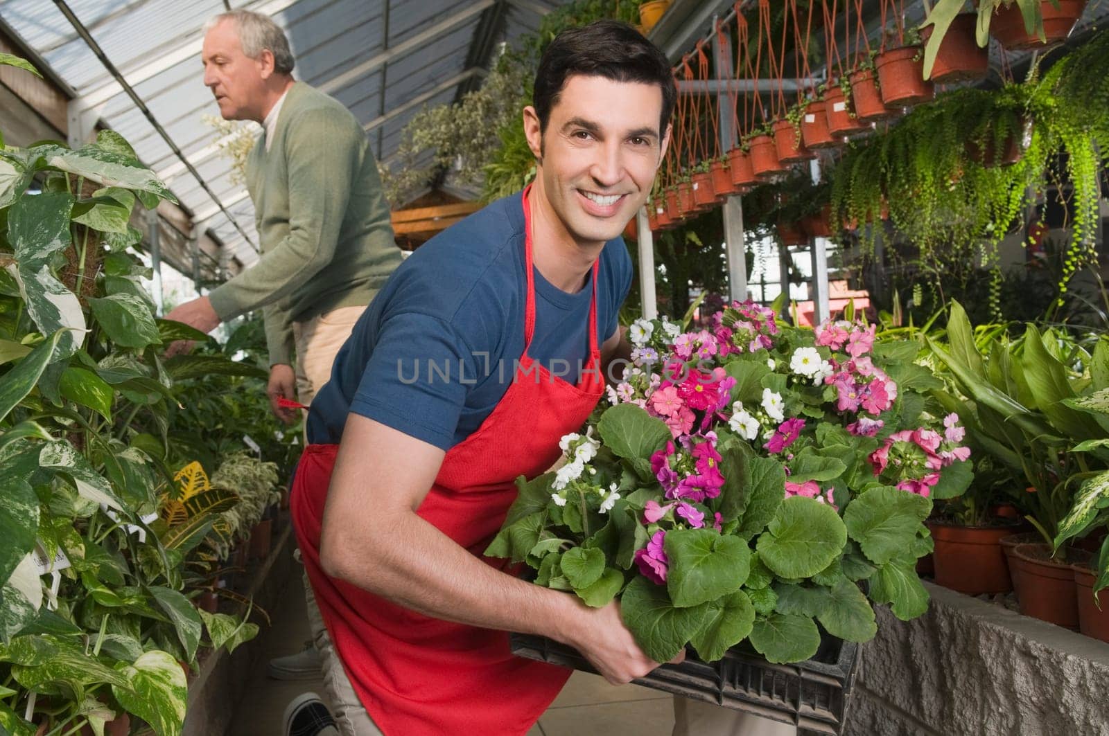 Man holding a crate of plants in a garden center with a customer in the background