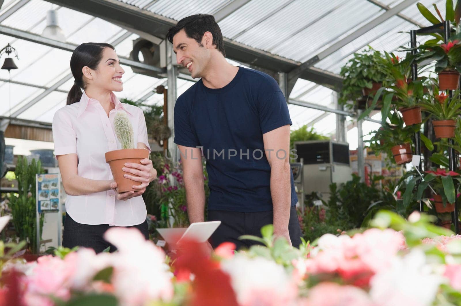 Couple choosing plants in a garden center