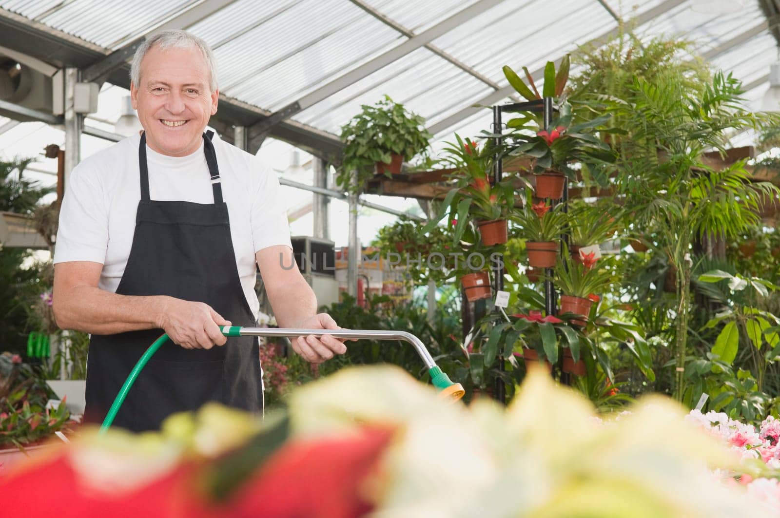 Man watering plants in a garden center