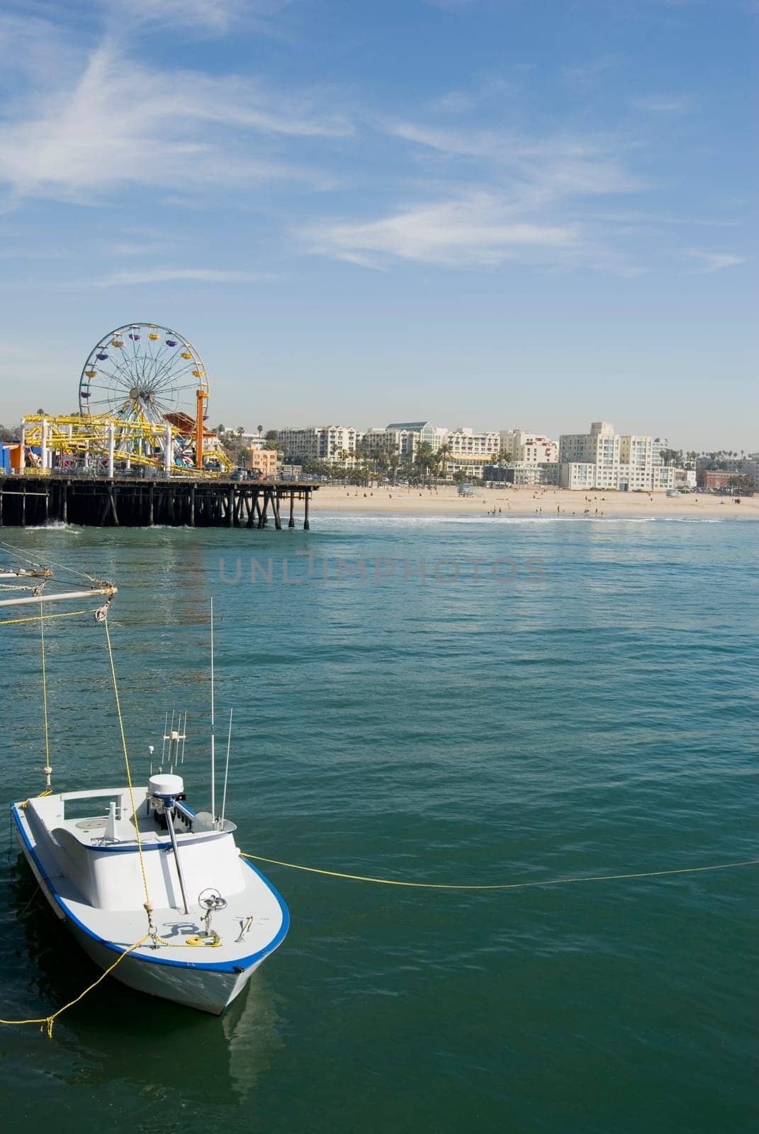 Harbor Police boat docked at pier, Santa Monica California
