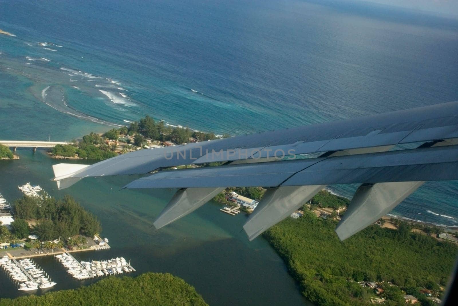 Airplane flying over a city