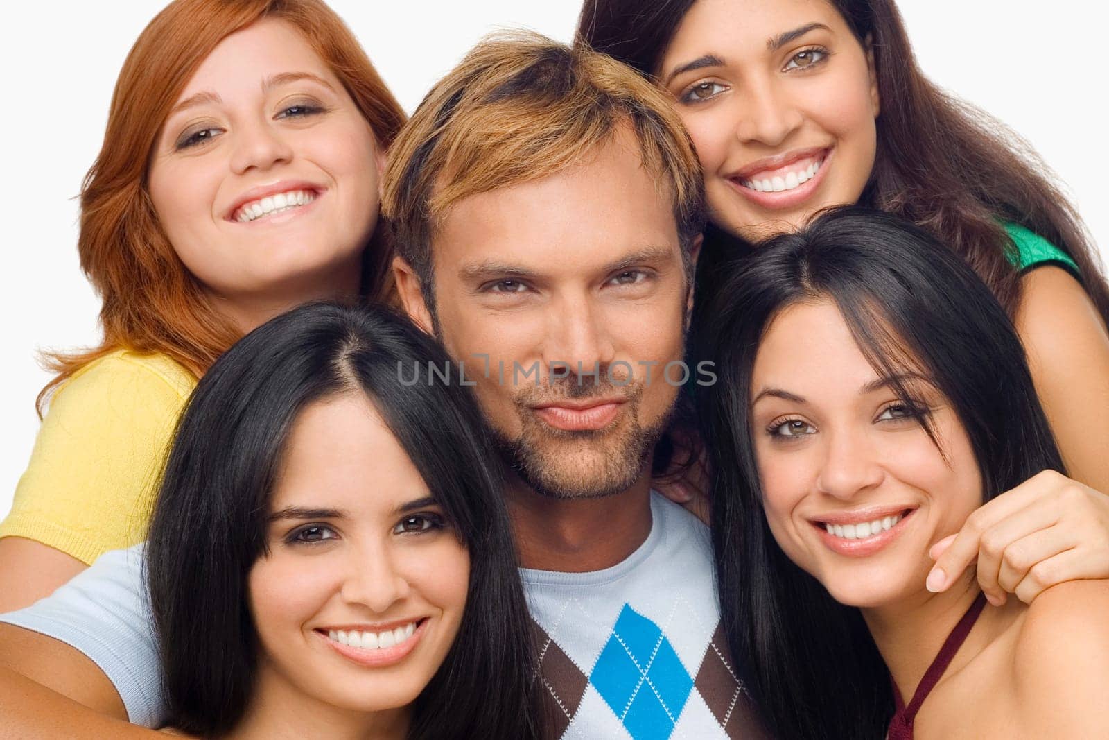 Portrait of a mid adult man posing with four young women