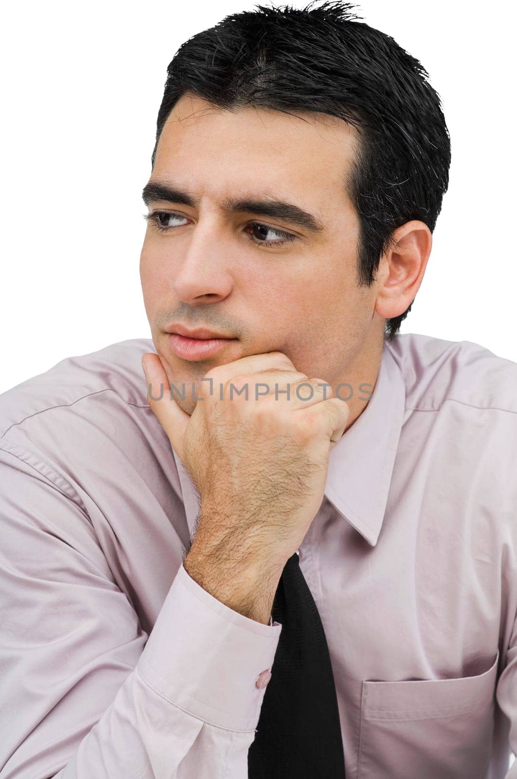 Close-up of a businessman thinking with his hand on his chin
