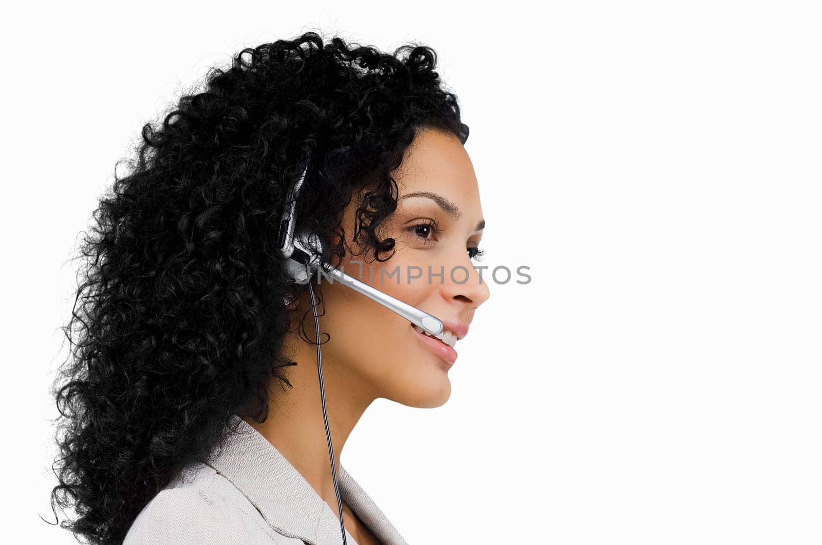 Close-up of a female customer service representative wearing a headset