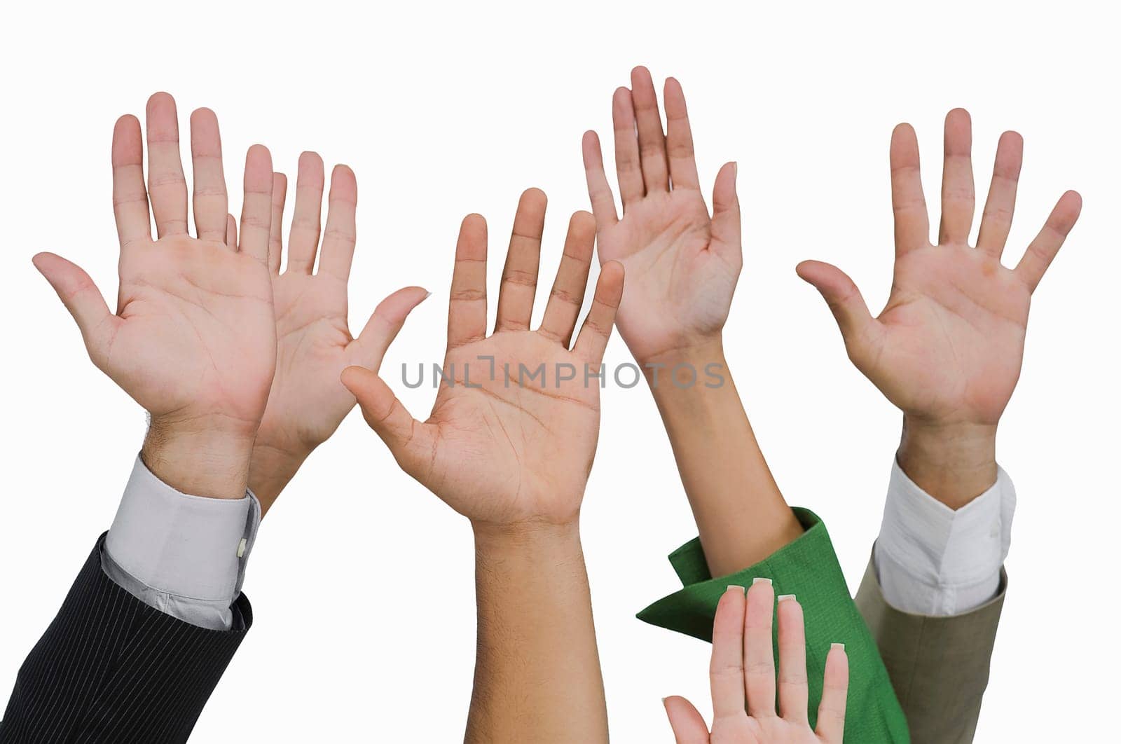 Close-up of business executives raising their hands