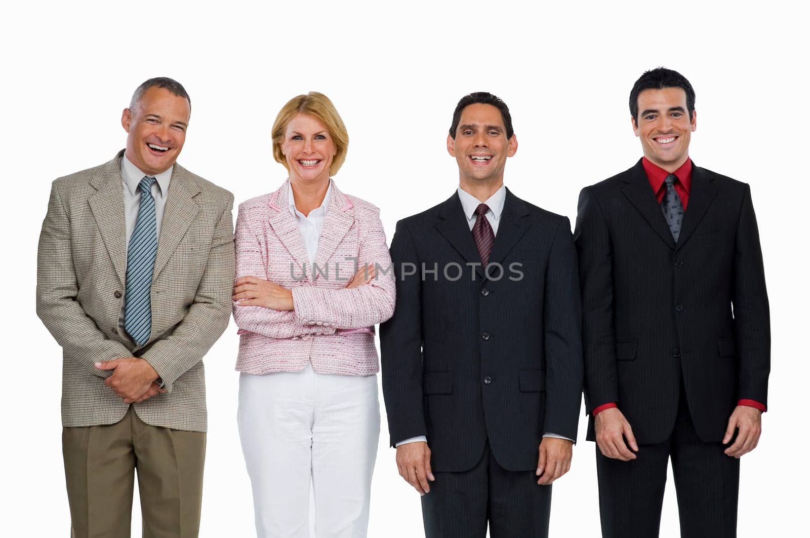 Portrait of a businesswoman standing with three businessmen and smiling