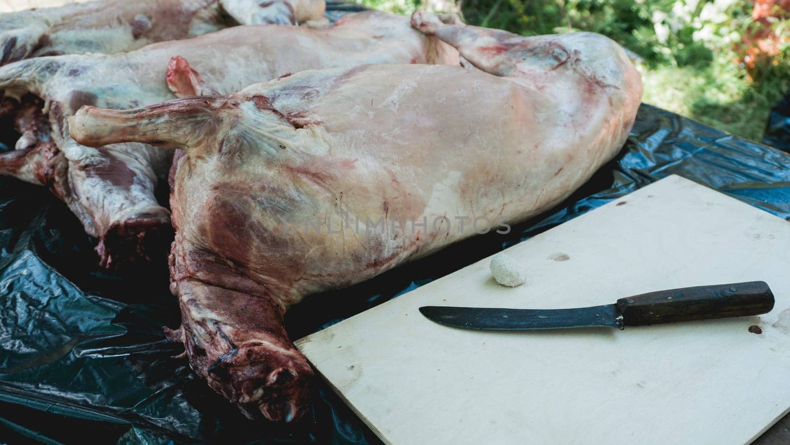 carcass of sheep, cutting the carcass of a sheep. meat slaughterhouse.
