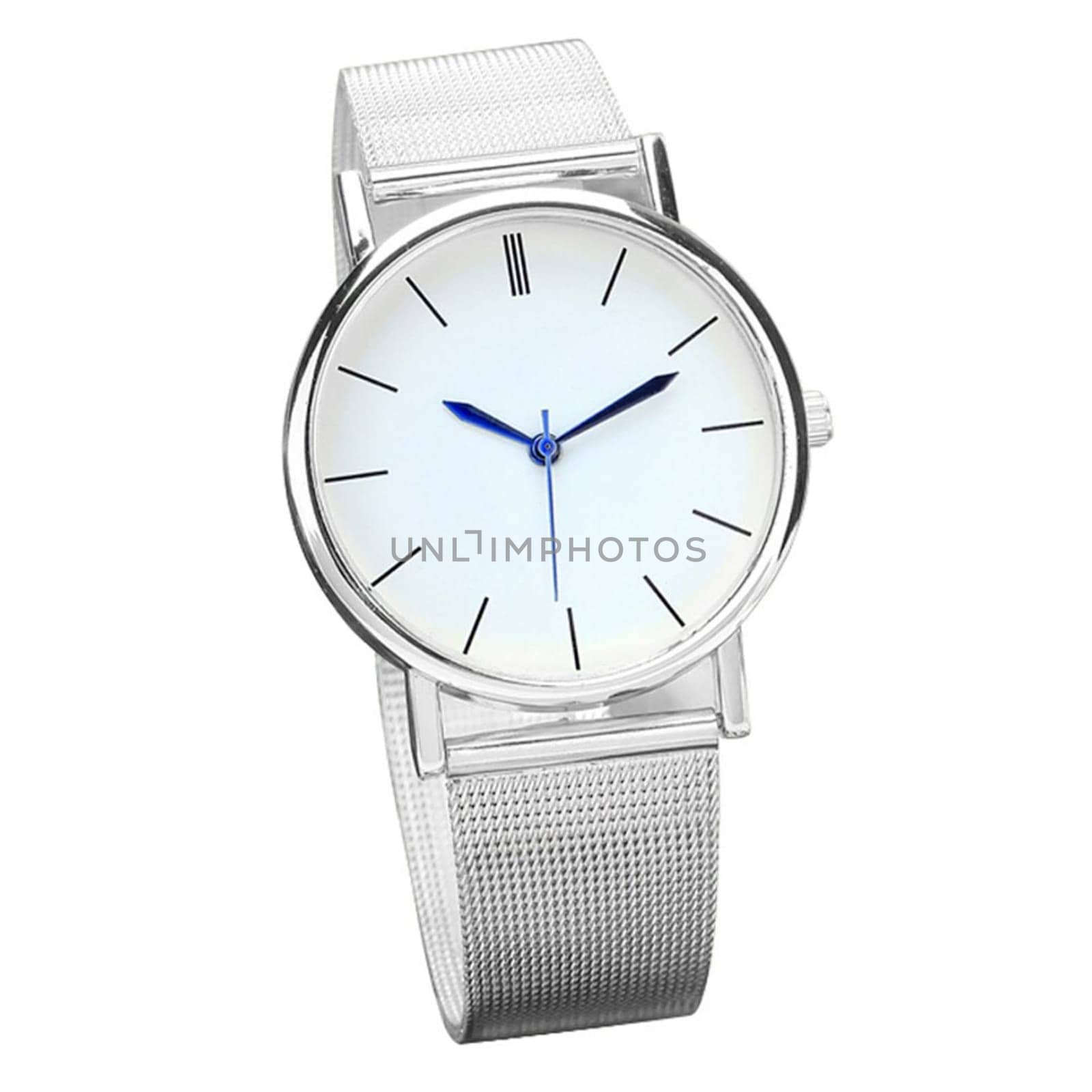 The wristwatch is in a silver rim and silver strap.