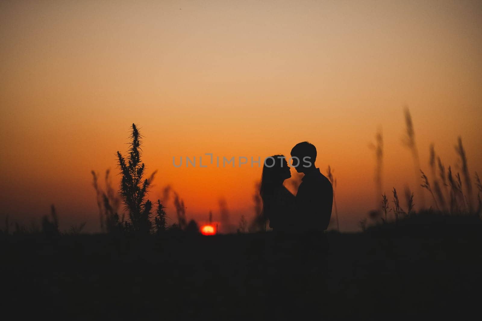 The guy in love with the girl stand in the field against the sunset.