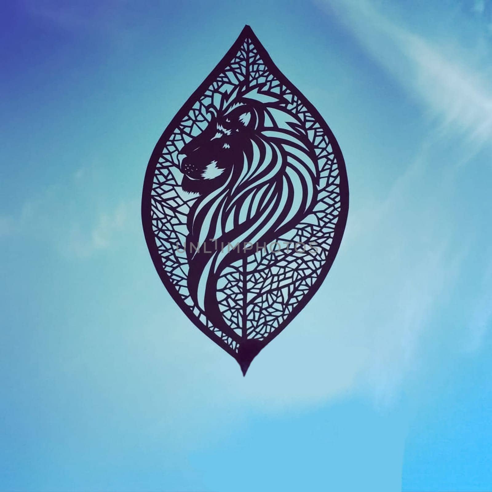 Animal figurines carved from paper in a photo of the sky. Lion head on a background of a leaf of a tree. Paper figurine against the sky.