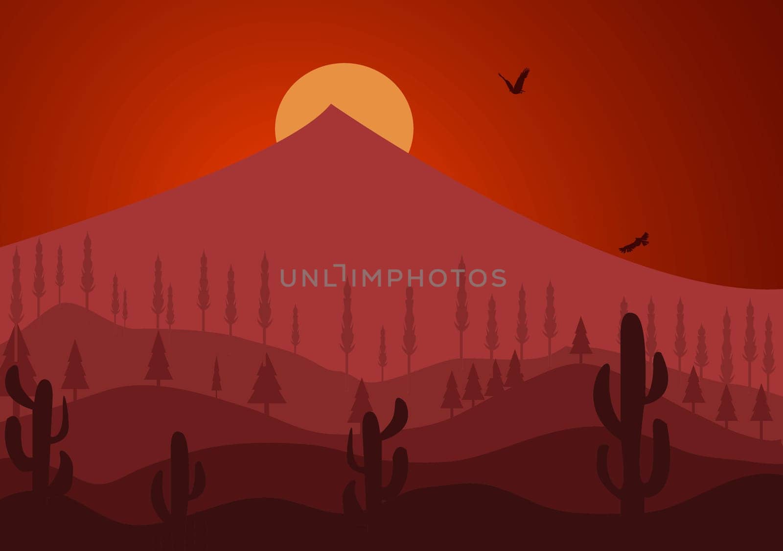 Desert Landscape with Cactus, Hills and Mountains Silhouettes. Vector Nature Horizontal Background Design
