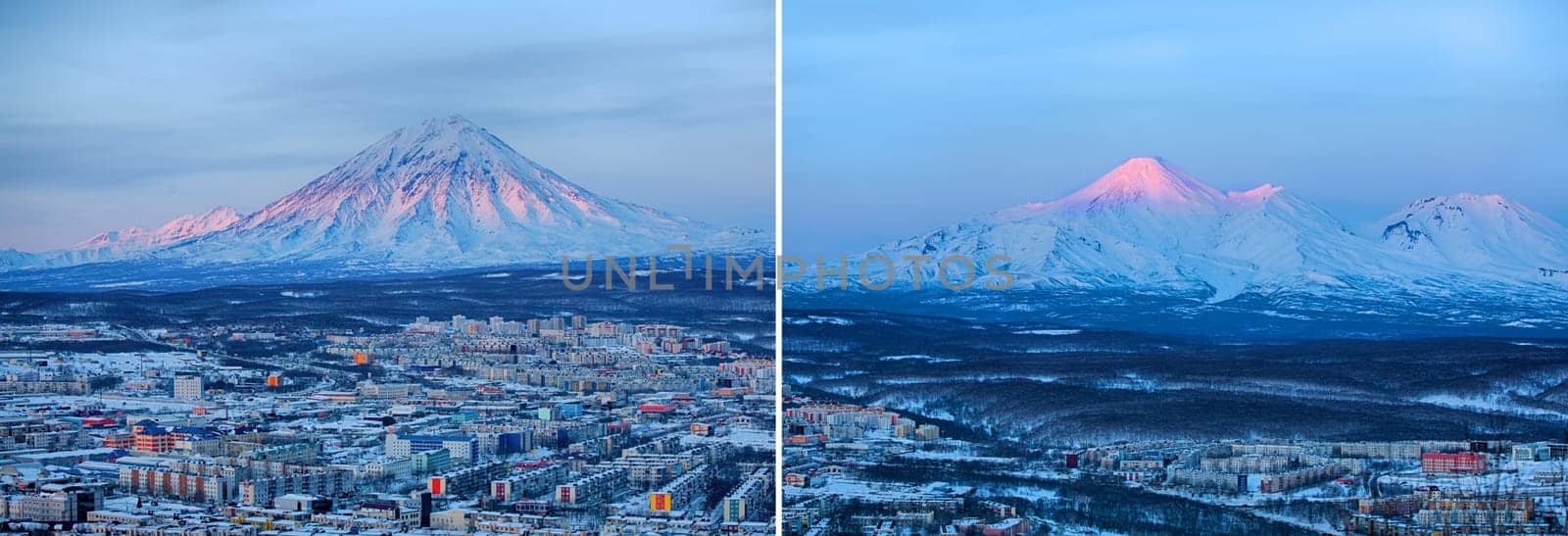 Set of panoramic view of the city Petropavlovsk-Kamchatsky and volcanoes: Koryaksky Volcano, Avacha Volcano, Kozelsky Volcano. Russian Far East, Kamchatka Peninsula.
