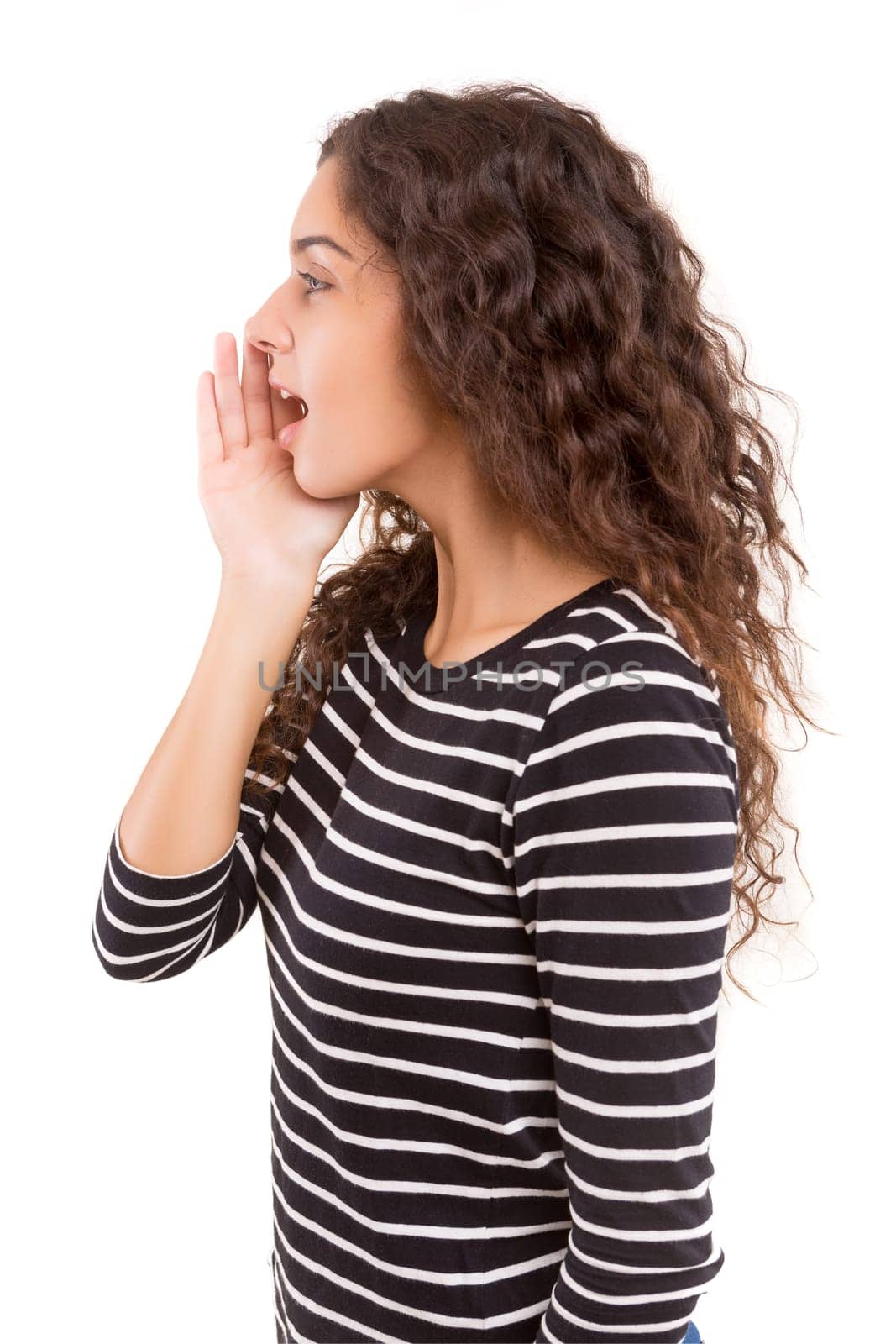 Woman screaming at someone, isolated over a white background