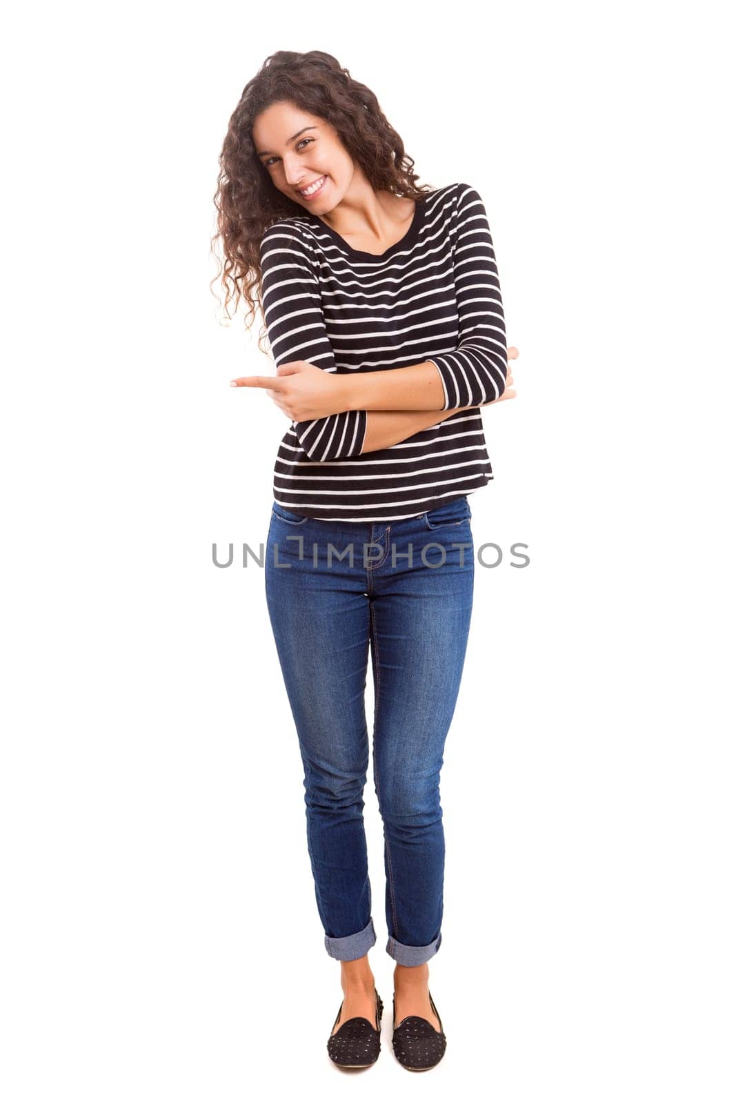 Young beautiful woman presenting your product, isolated over white background