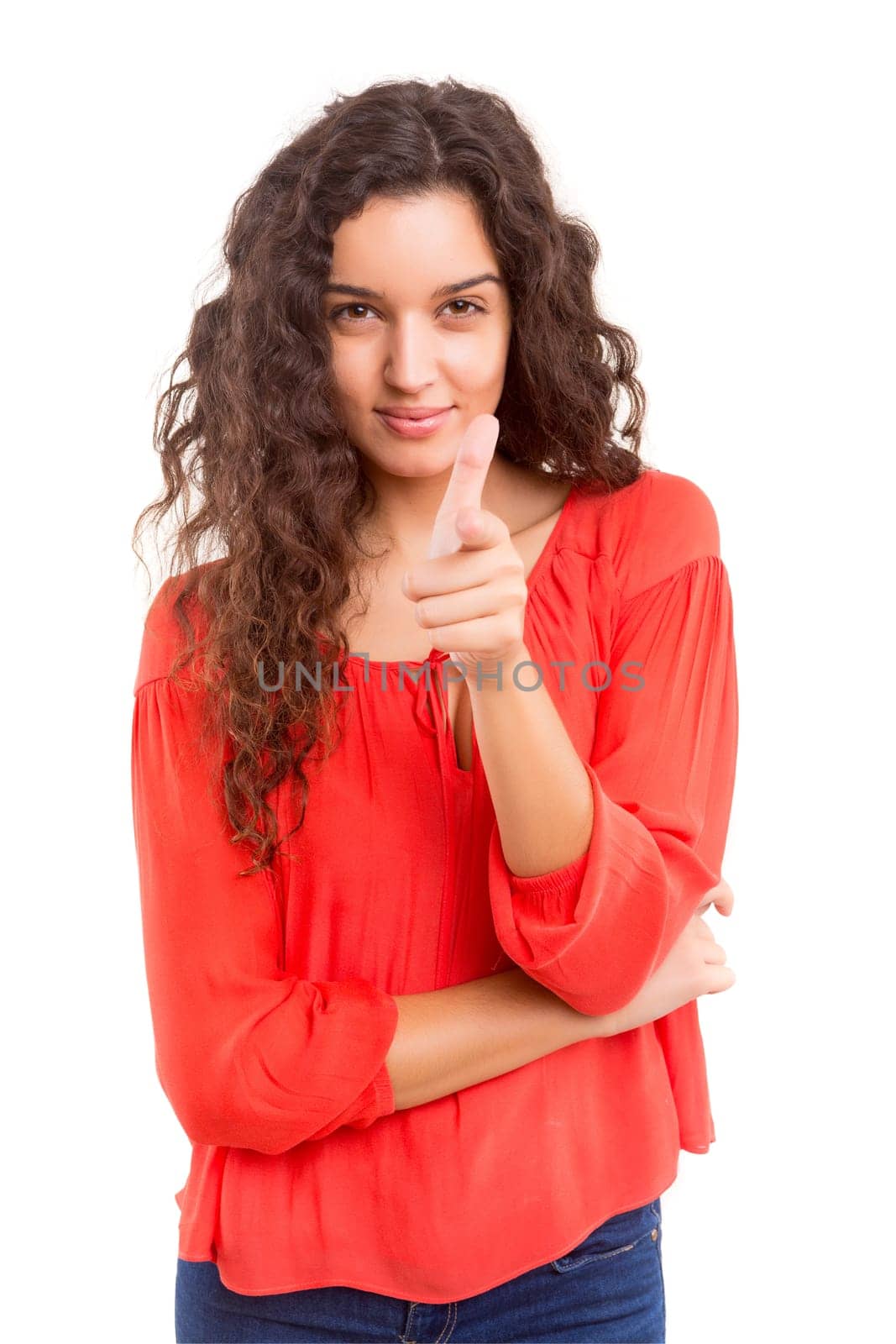 Beautiful young woman signaling ok, isolated over white