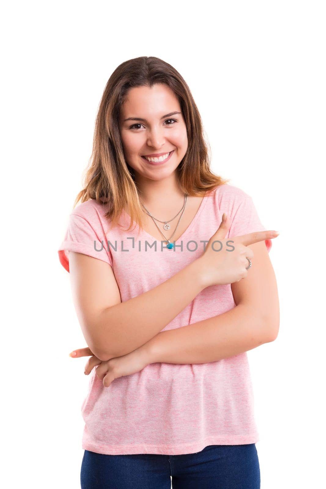 Young beautiful woman presenting your product, isolated over white background