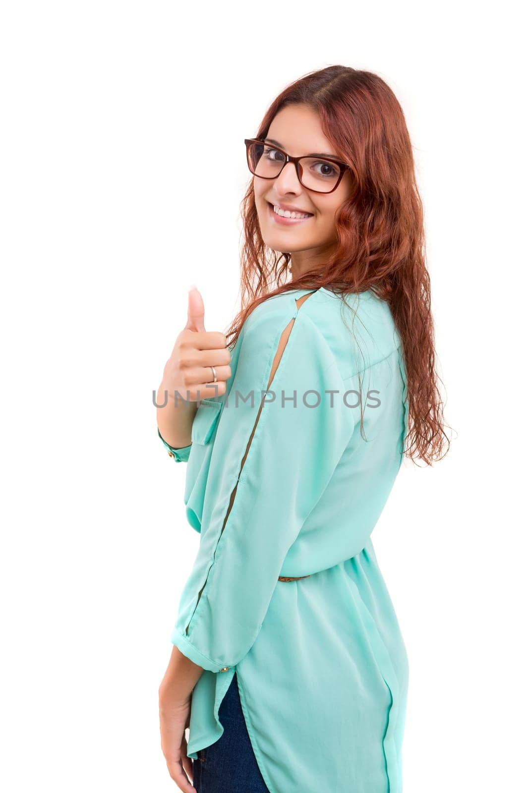 Beautiful young woman signaling ok, isolated over white