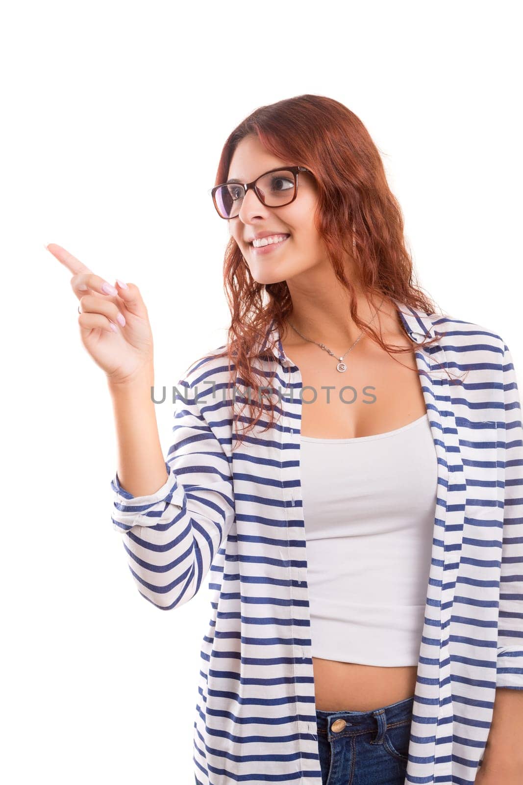 Young beautiful woman presenting your product, isolated over white background