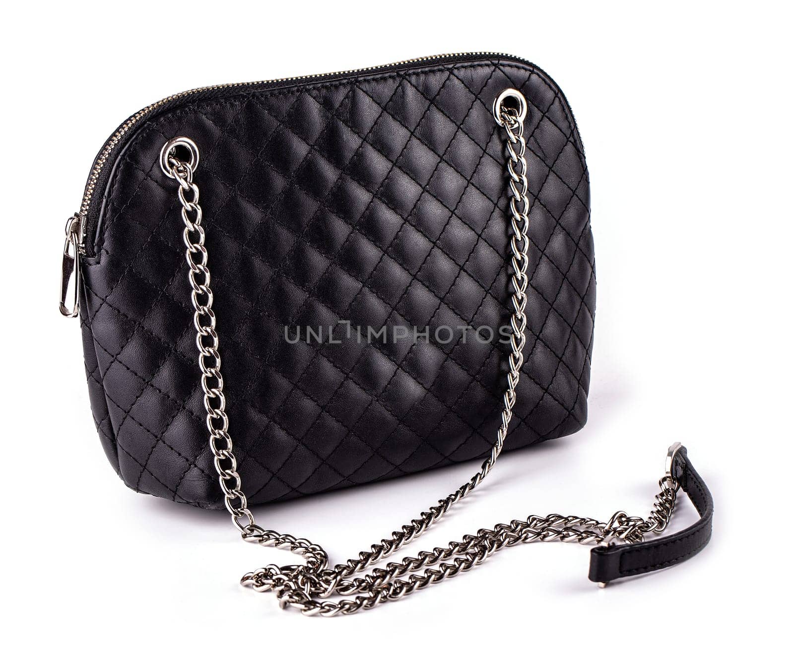 The black women's handbag with chain on white background