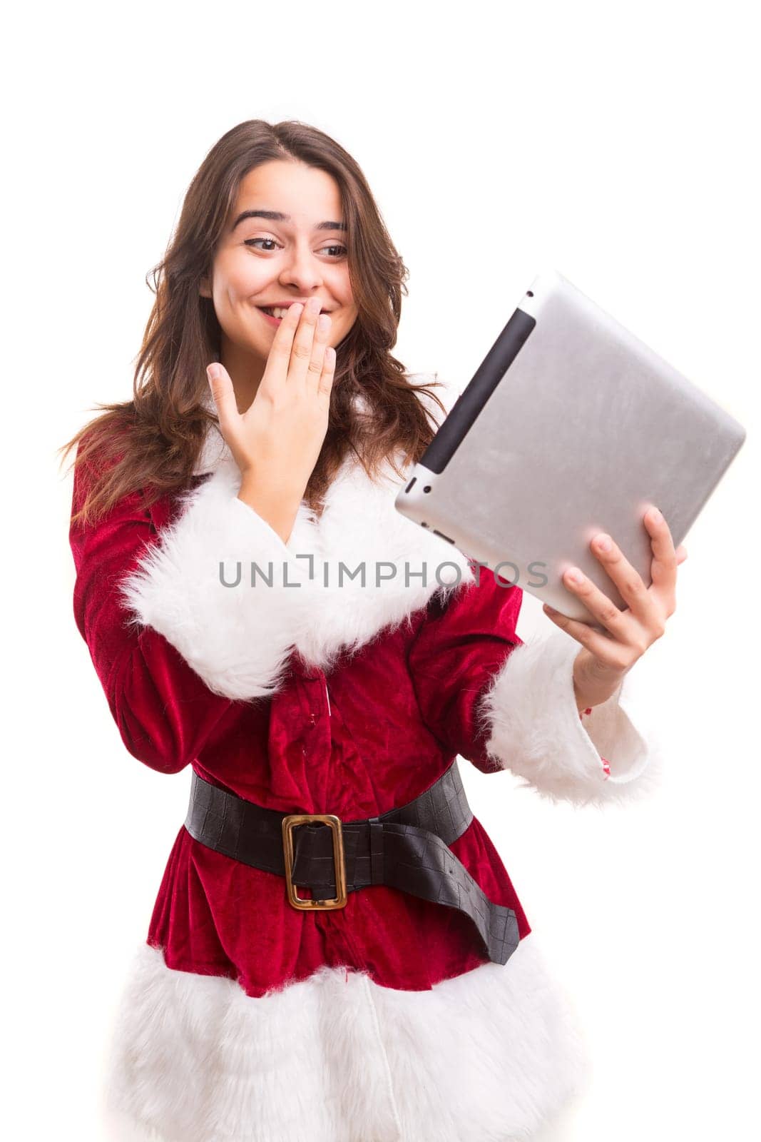 Beautiful young woman dressed with christmas costume, isolated over white