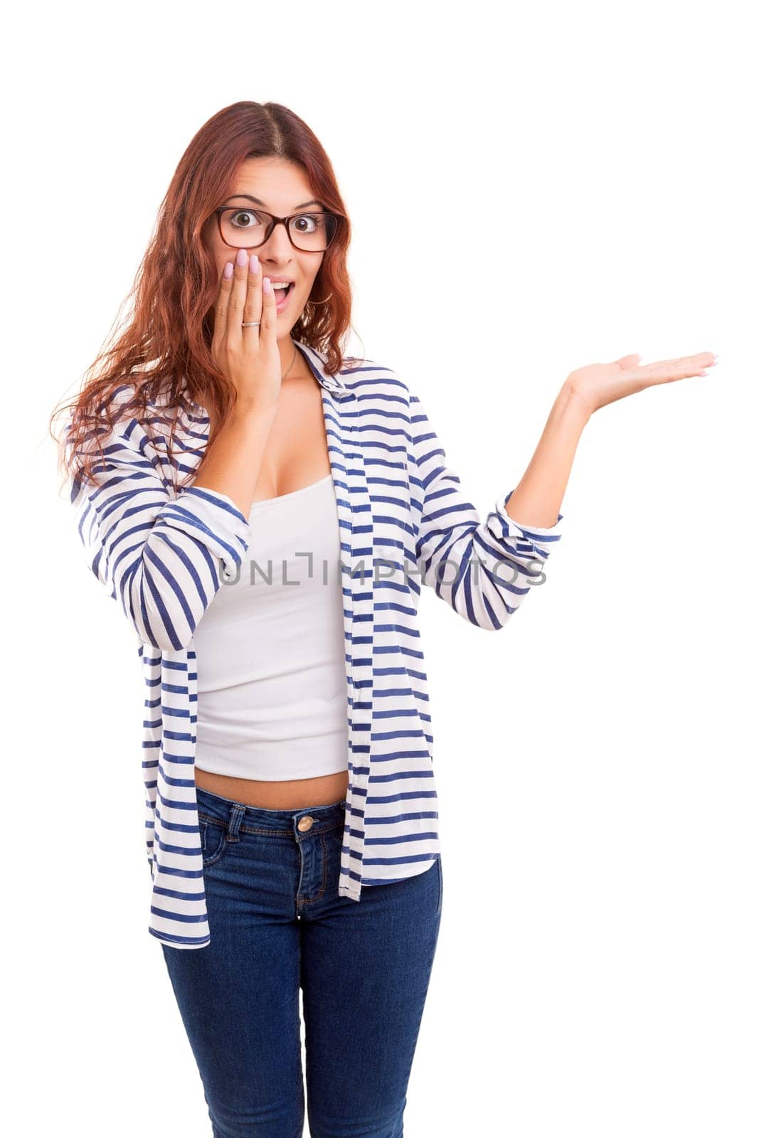 Young beautiful woman presenting your product, isolated over white background