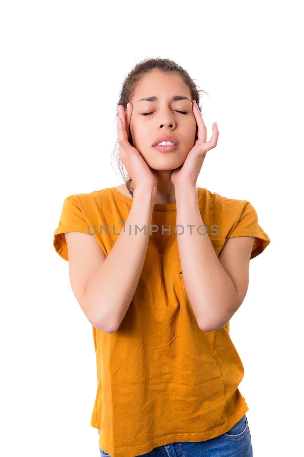 Young student tired of studying for the final exams, isolated over a white background
