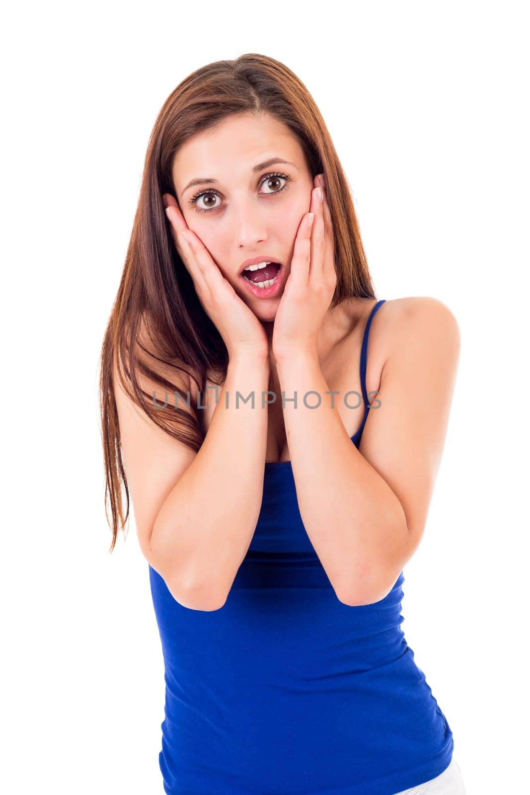 Surprised young woman isolated over white background