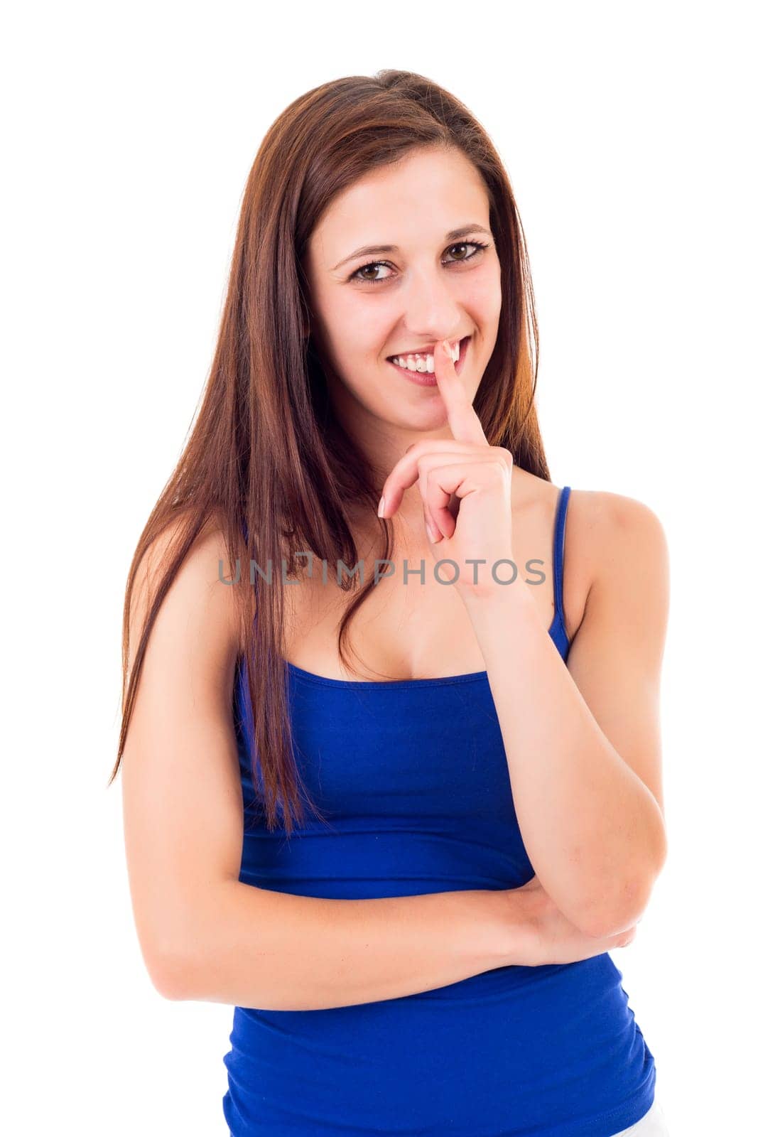 Beautiful young woman asking for silence isolated