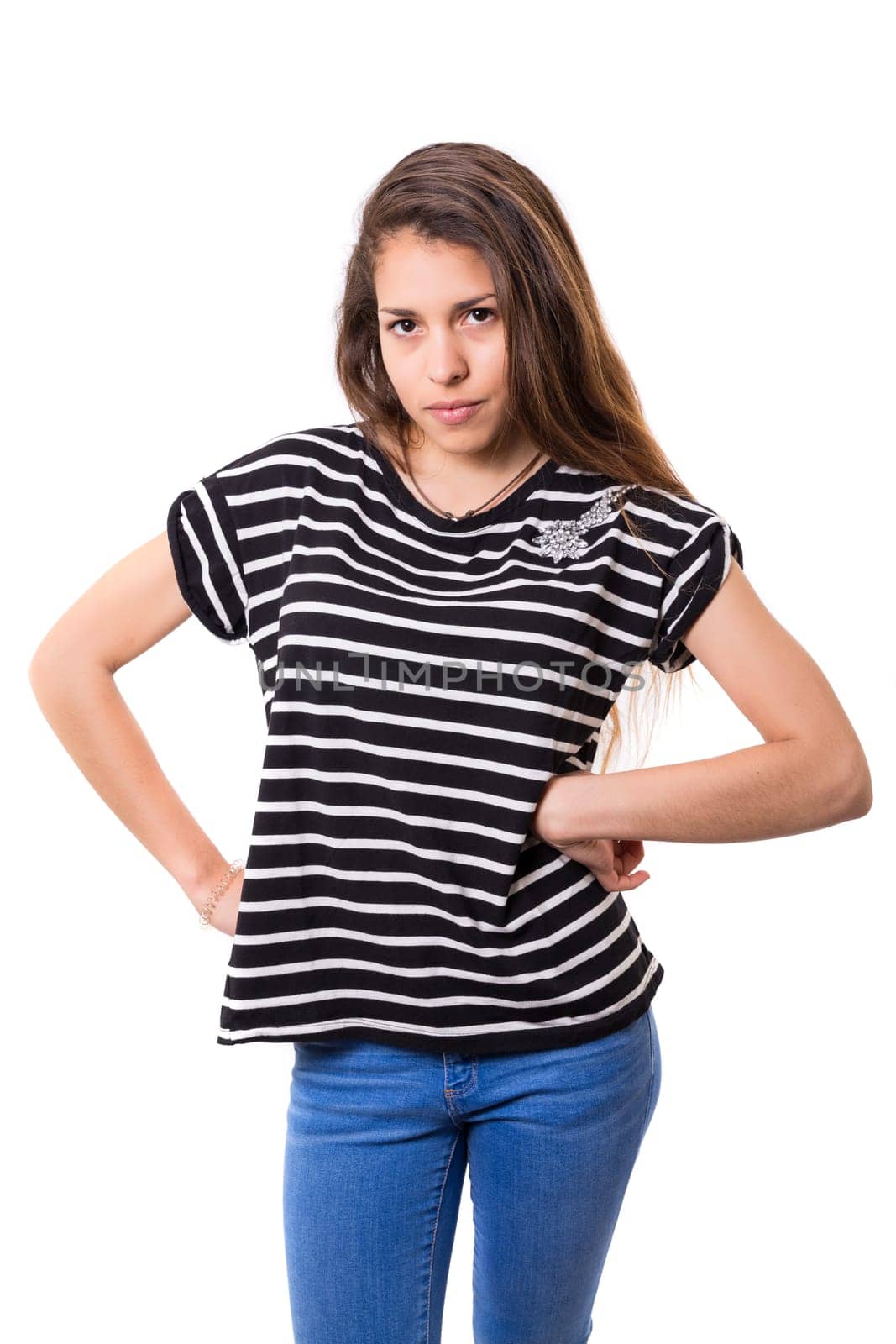 Young woman mad at you, isolated over white