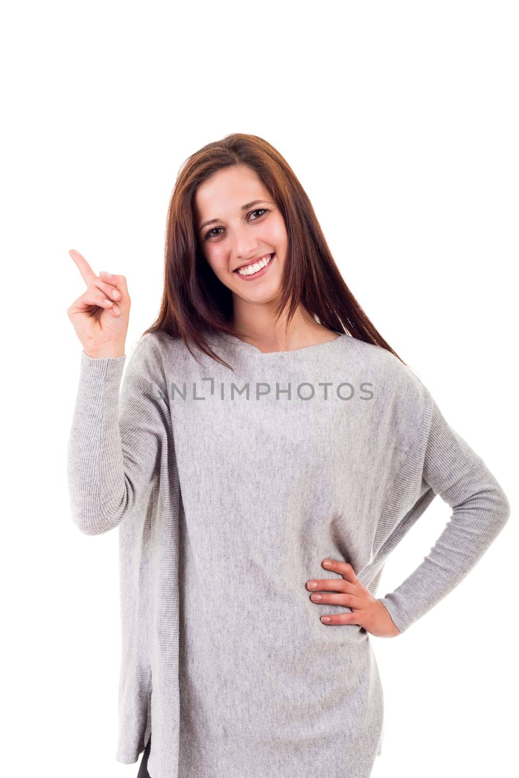 Young beautiful woman presenting your product, isolated over white background