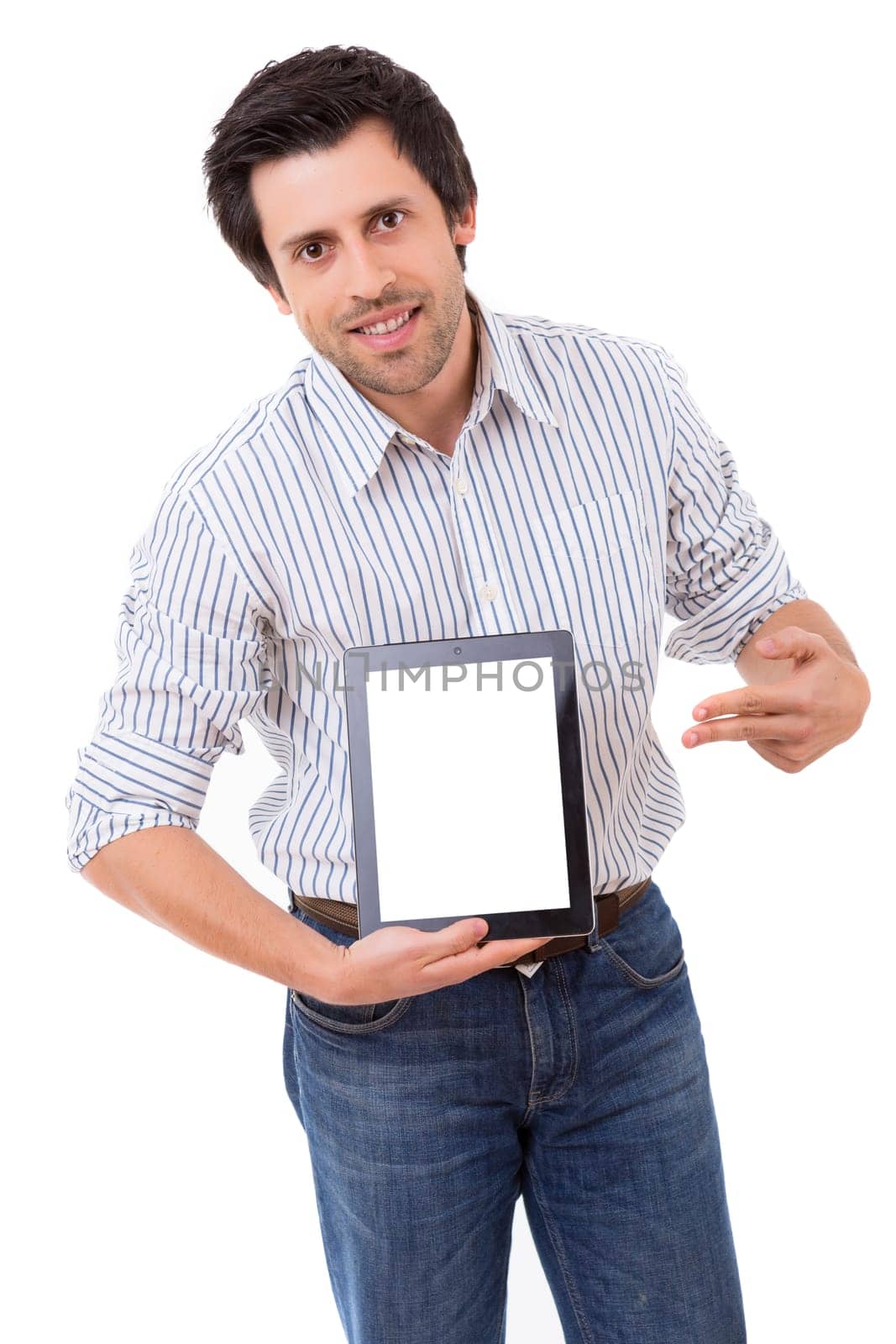 Happy young man presenting your product in a tablet computer