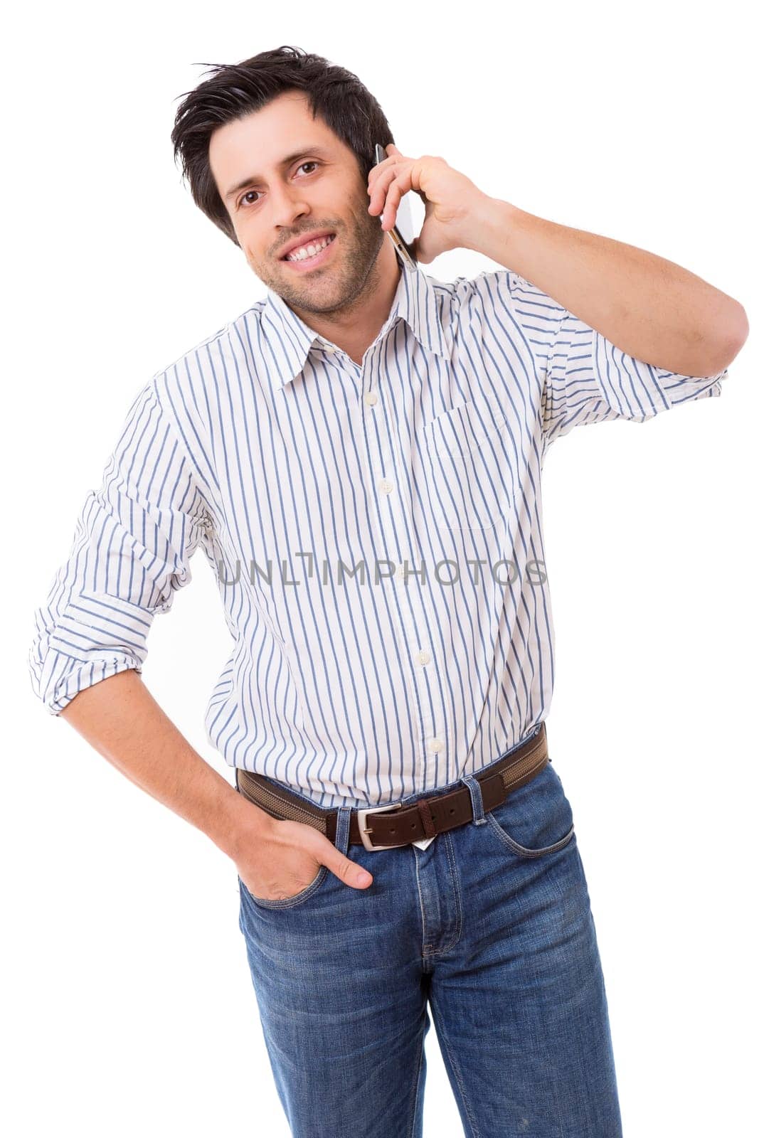 Young man at the phone, isolated over white background