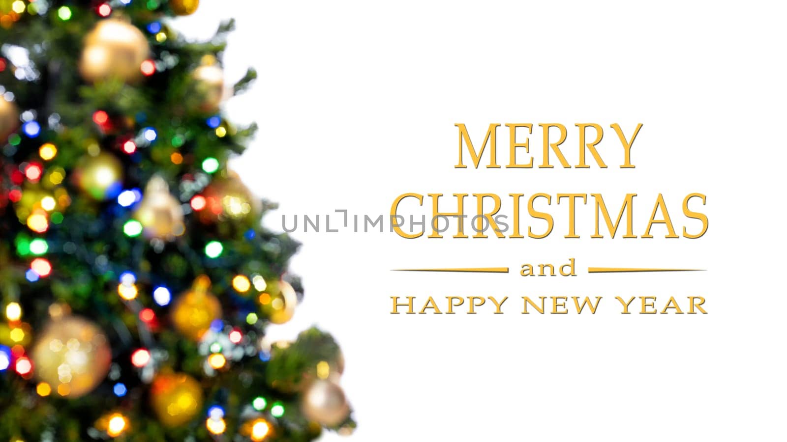 Merry Christmas and Happy New Year greeting card, blurred background of the twinkling lights of the Christmas tree. Greeting card background.