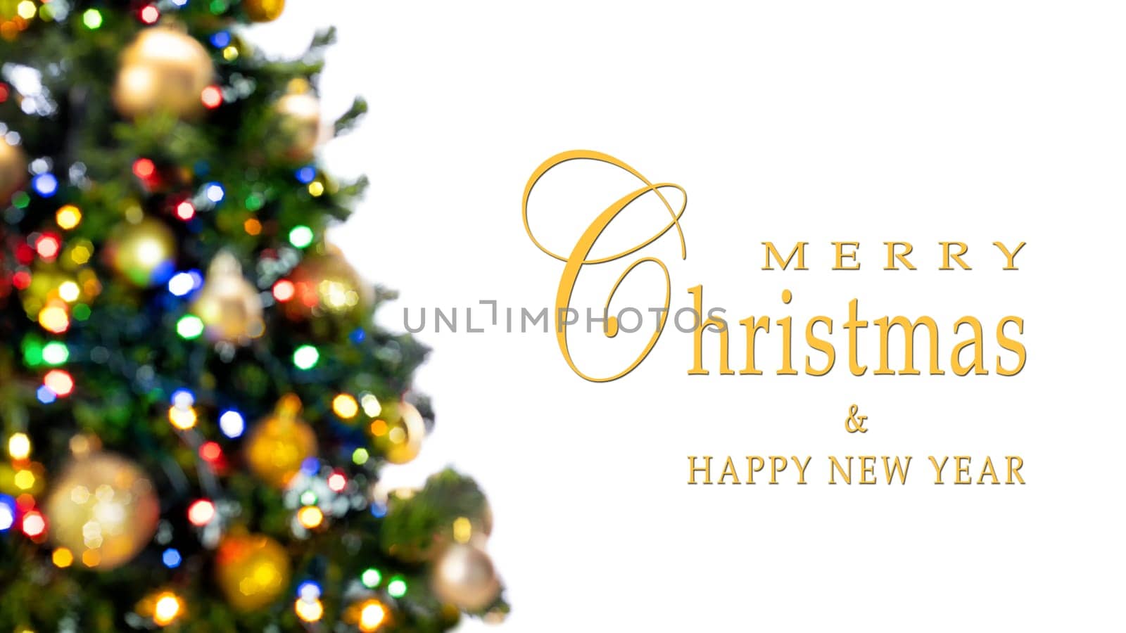 Merry Christmas and Happy New Year greeting card, blurred background of the twinkling lights of the Christmas tree. Greeting card background.
