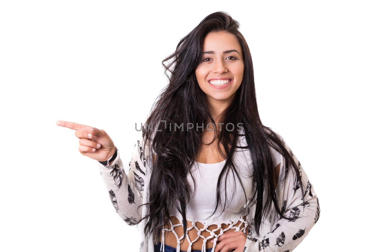 Young beautiful woman presenting your product, isolated over white background