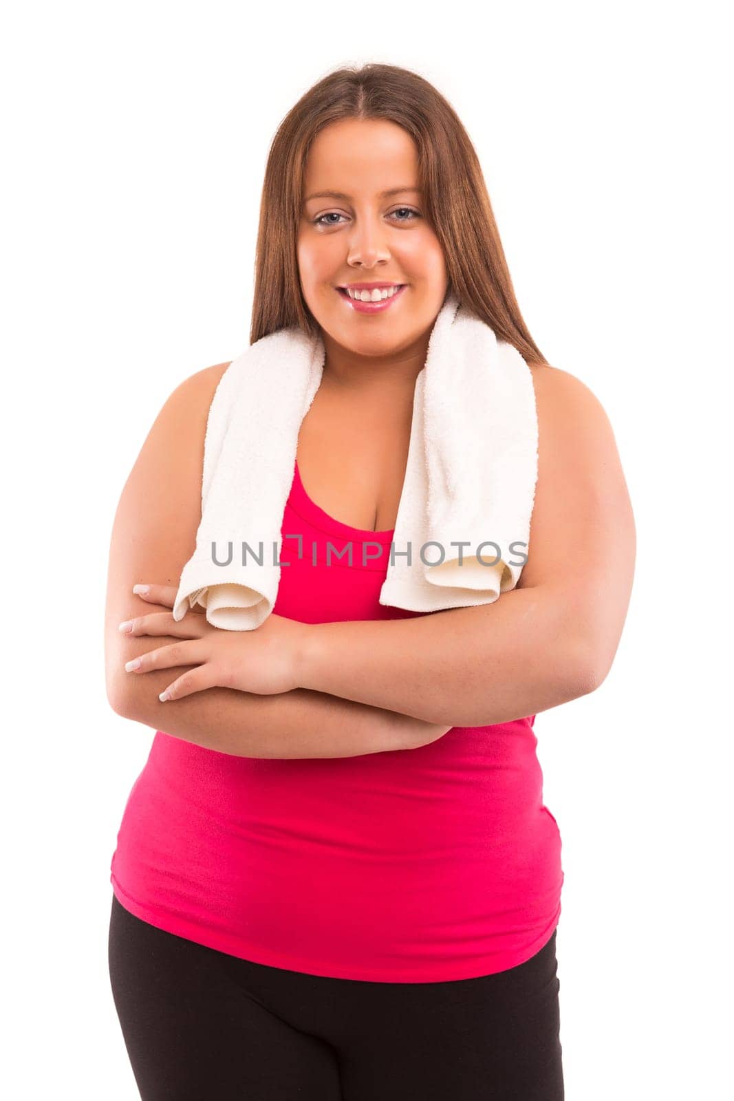 Beautiful large woman exercising - isolated over a white background