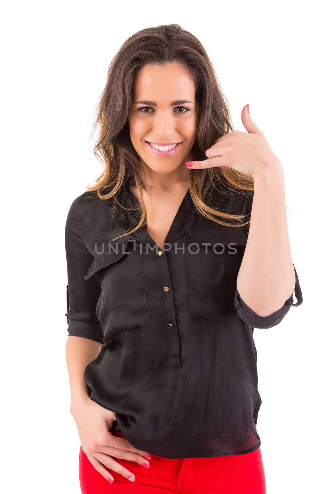 Happy young student making "call me"" sign with hand"
